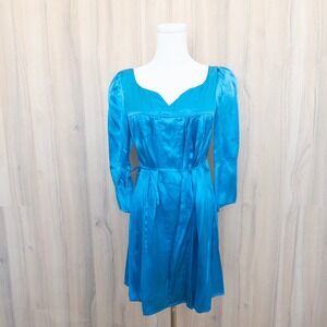 Bebe Women Silk Dress Size S Blue Satin Long Sleeve Tie Waist Romantic Y2K Party